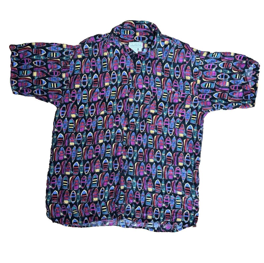 Vintage Duffel 100% Silk Canoe Kayak Boat Abstract Funky Button Down Large